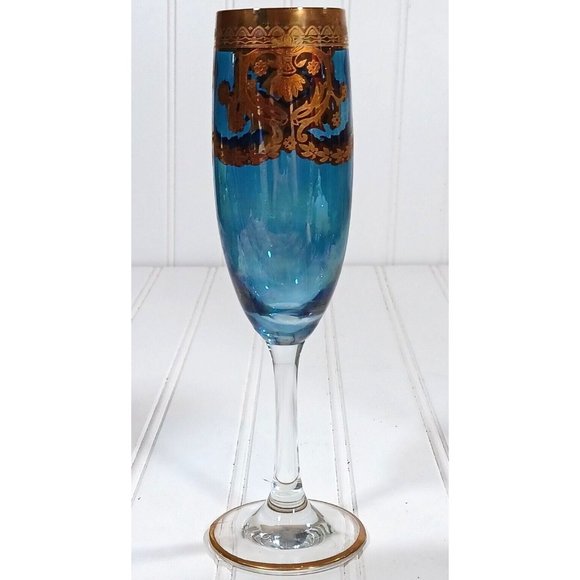 GlassOfVenice Murano Glass Champagne Flutes 24K Gold Leaf - Blue Set 4 Vintage - Picture 12 of 16